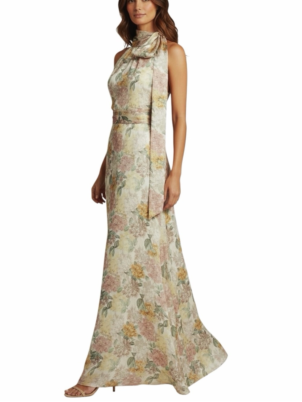 NWT SACHIN + BABI Antique Bouquet Sleeveless Tie Neck Maxi Dress Gown Size 6